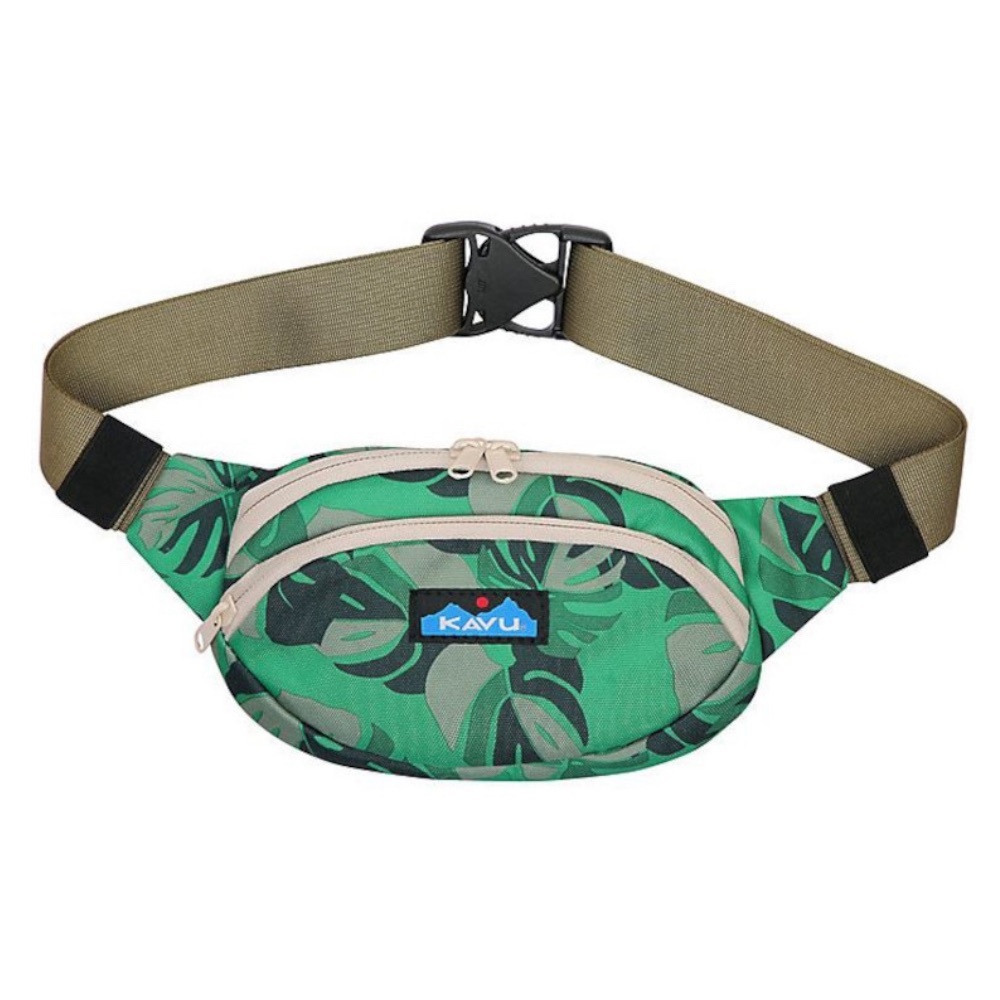 Kavu Green Leaf Print Waist Pack with Tan Strap